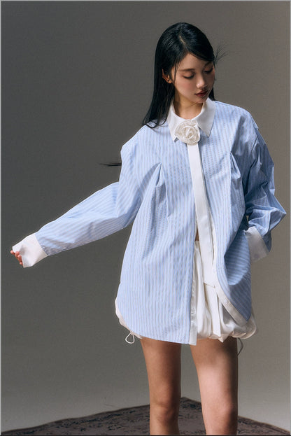 Blue Striped 3d Flower Decor Shirt &amp; Skirt Set - CHINASQUAD