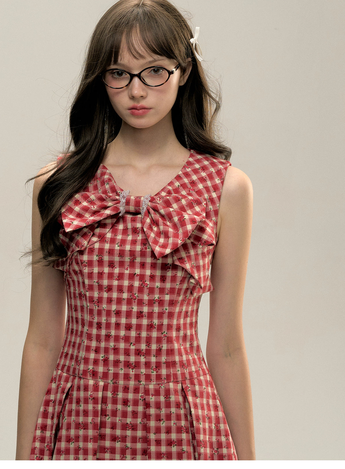 Red Gingham Sleeveless Round-neck Dress