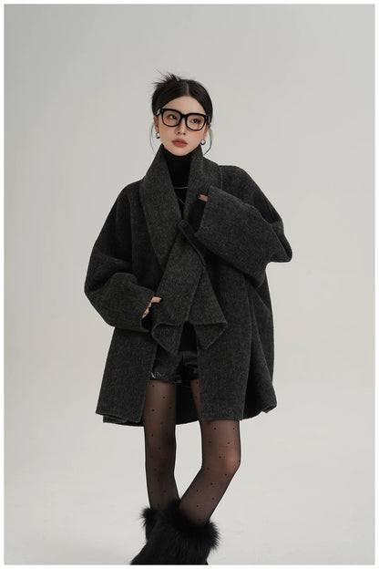 Scarf-Detail Mid-Length Wool Jacket