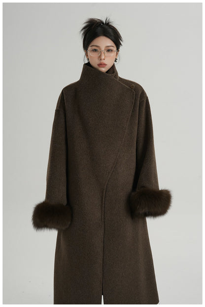 Elegant Fox-Fur Sleeve Long Wool Coat