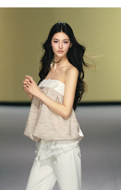 Textured Tweed Bubble-Hem Bandeau Top