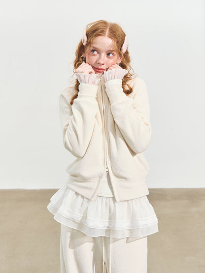 Plush Terry Fleece High-Neck Zip-up Sweatshirt &amp; Banana Pants Set