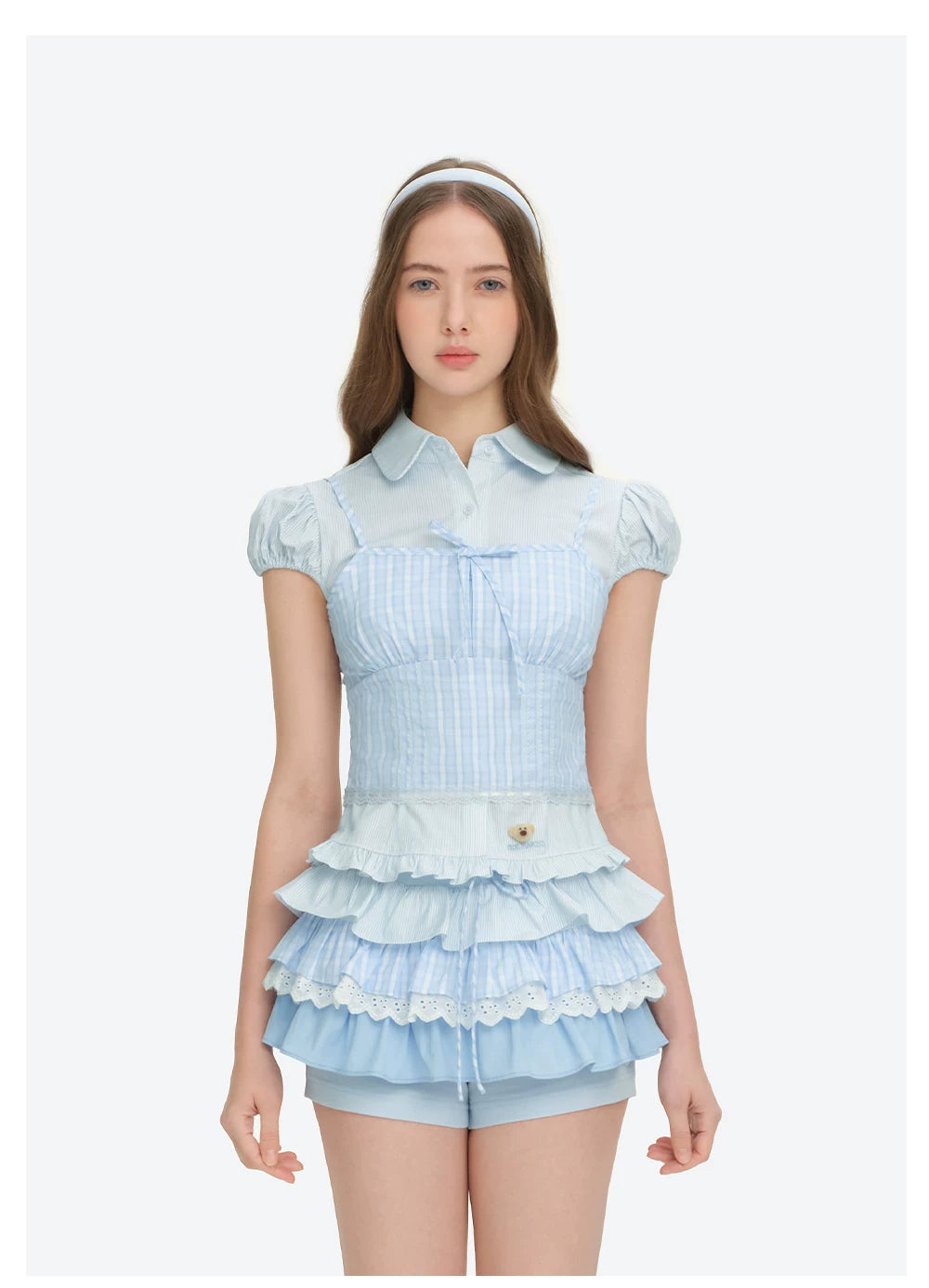 13DE MARZO Layered Puff Sleeve Corset Shirt Top