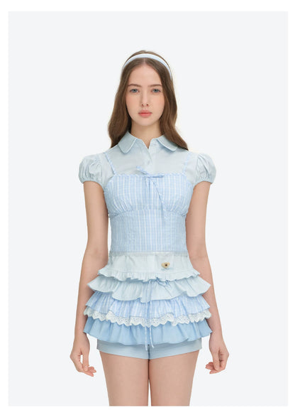 13DE MARZO Layered Puff Sleeve Corset Shirt Top