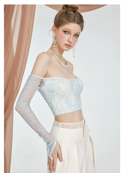 Lace Cropped One-Shoulder Long-Sleeve Top
