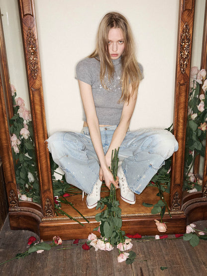 Sequin-Embroidered Mock-Neck Knit Turtleneck