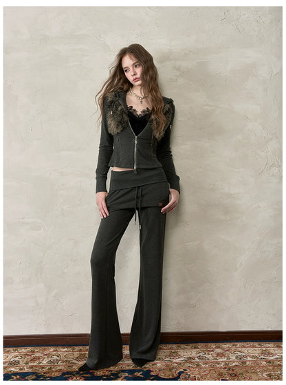 Folded Waist Spliced Skirt-Hem Sweatpants