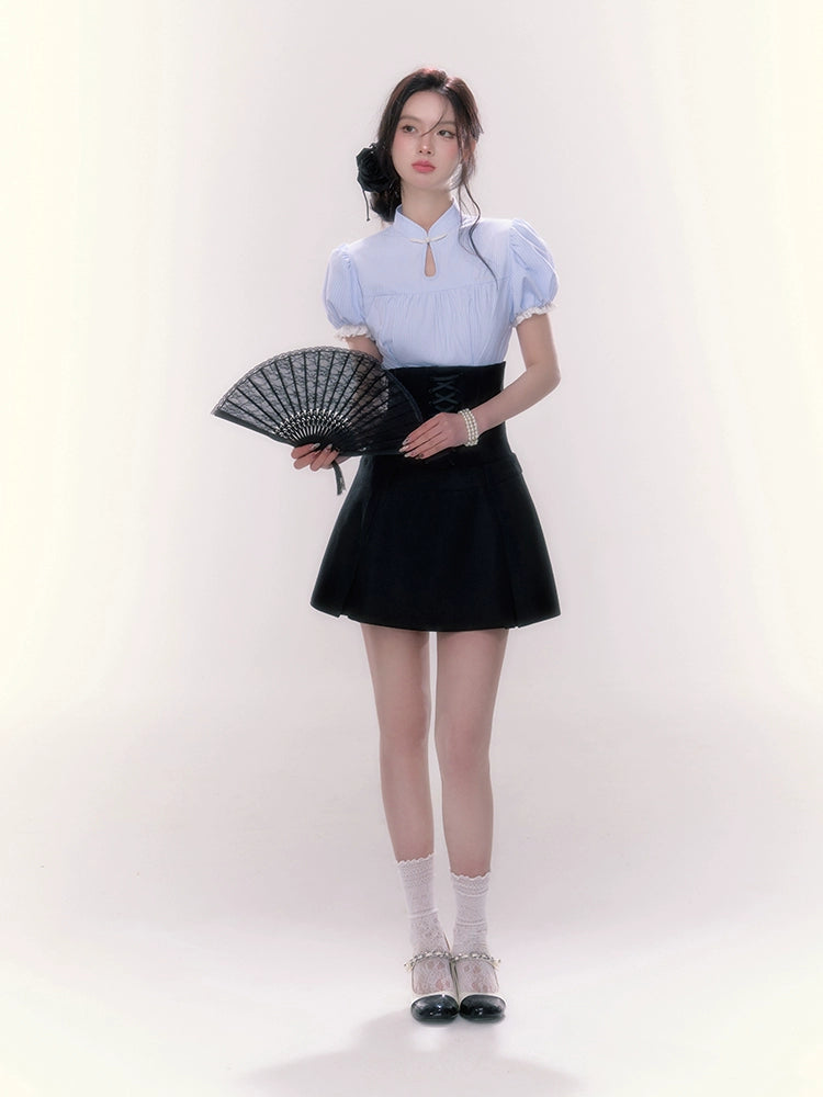 Puff Sleeve Blouse &amp; High-Waisted Skirt Set - CHINASQUAD