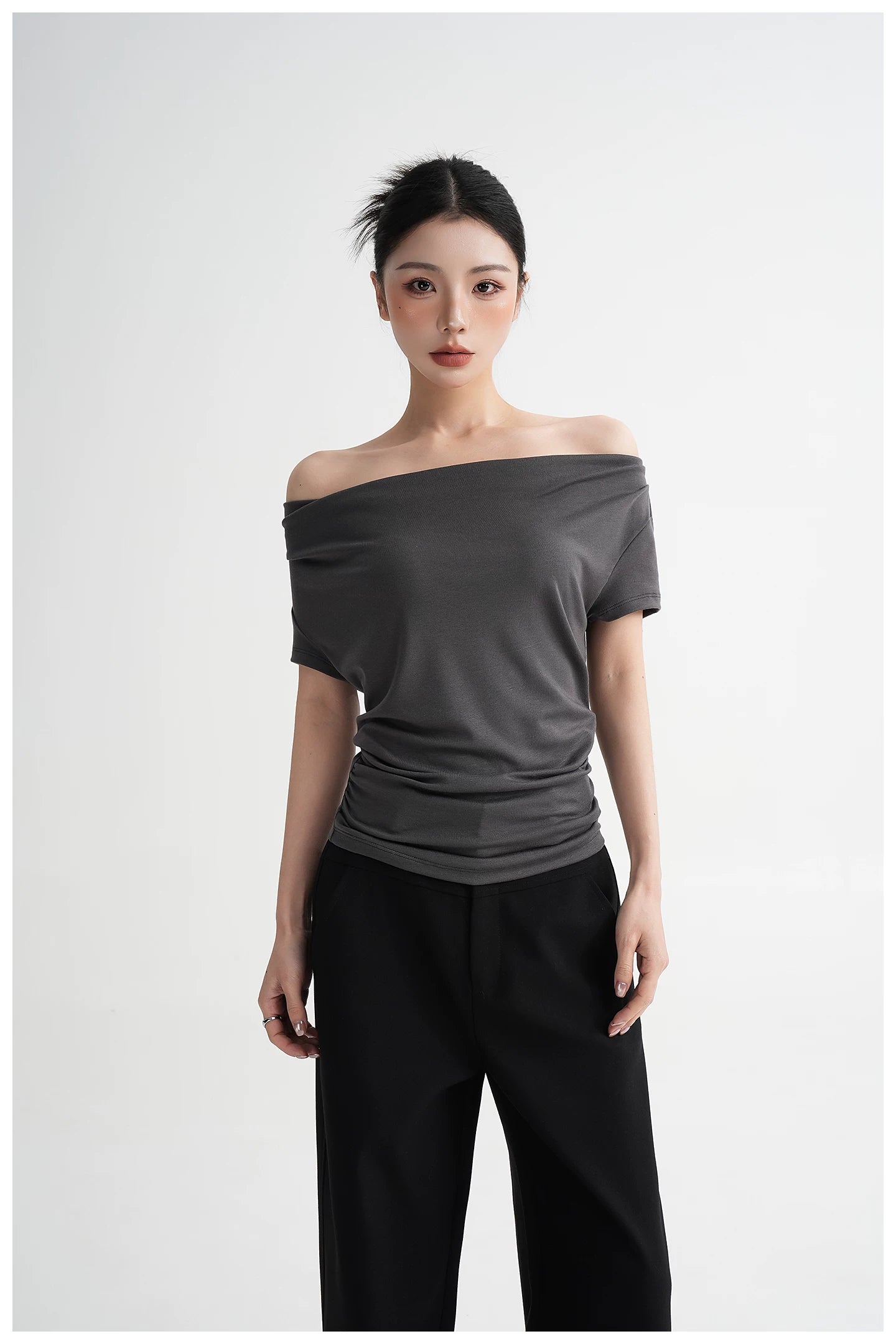 Draped Off-Shoulder Fitted Short Sleeve T-Shirt