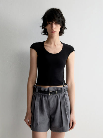 Deep U-Neck Ruffled Short Sleeve T-shirt