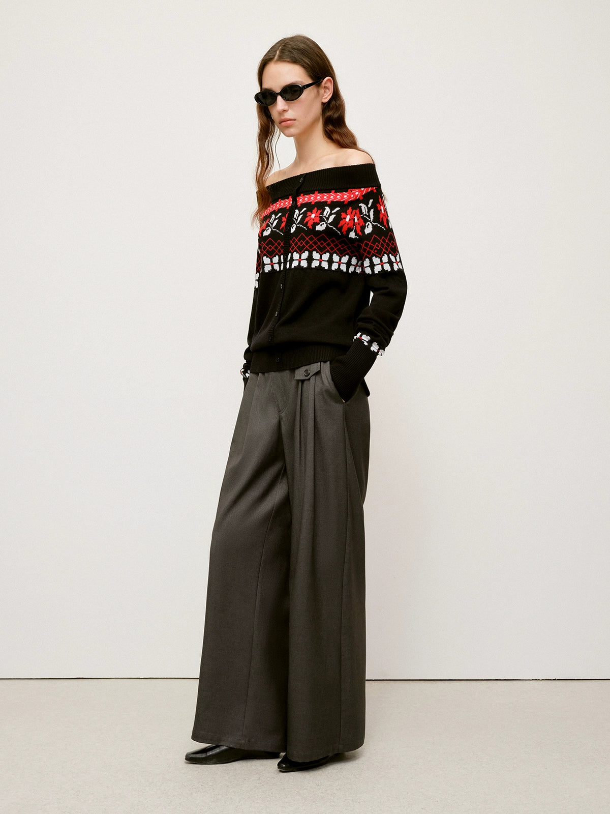 Air Isle Off-Shoulder Wool Knit Sweater