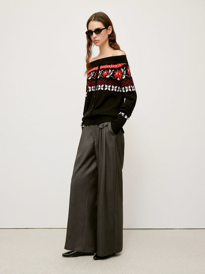Air Isle Off-Shoulder Wool Knit Sweater