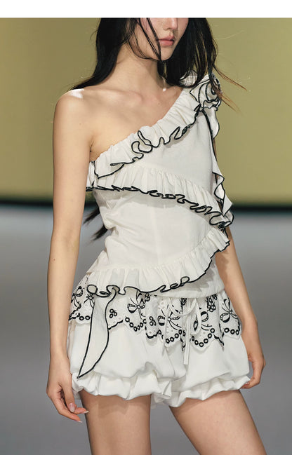 Asymmetric Rose-Trim Layered Top &amp; Puff Bloomers Set