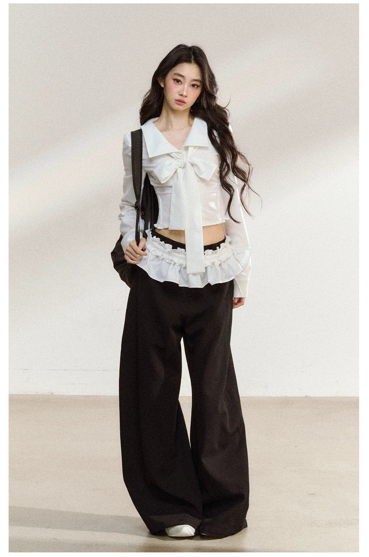 Butterfly Bow White Blouse &amp; Lace-Trim Straight Pants Set
