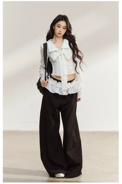 Butterfly Bow White Blouse &amp; Lace-Trim Straight Pants Set