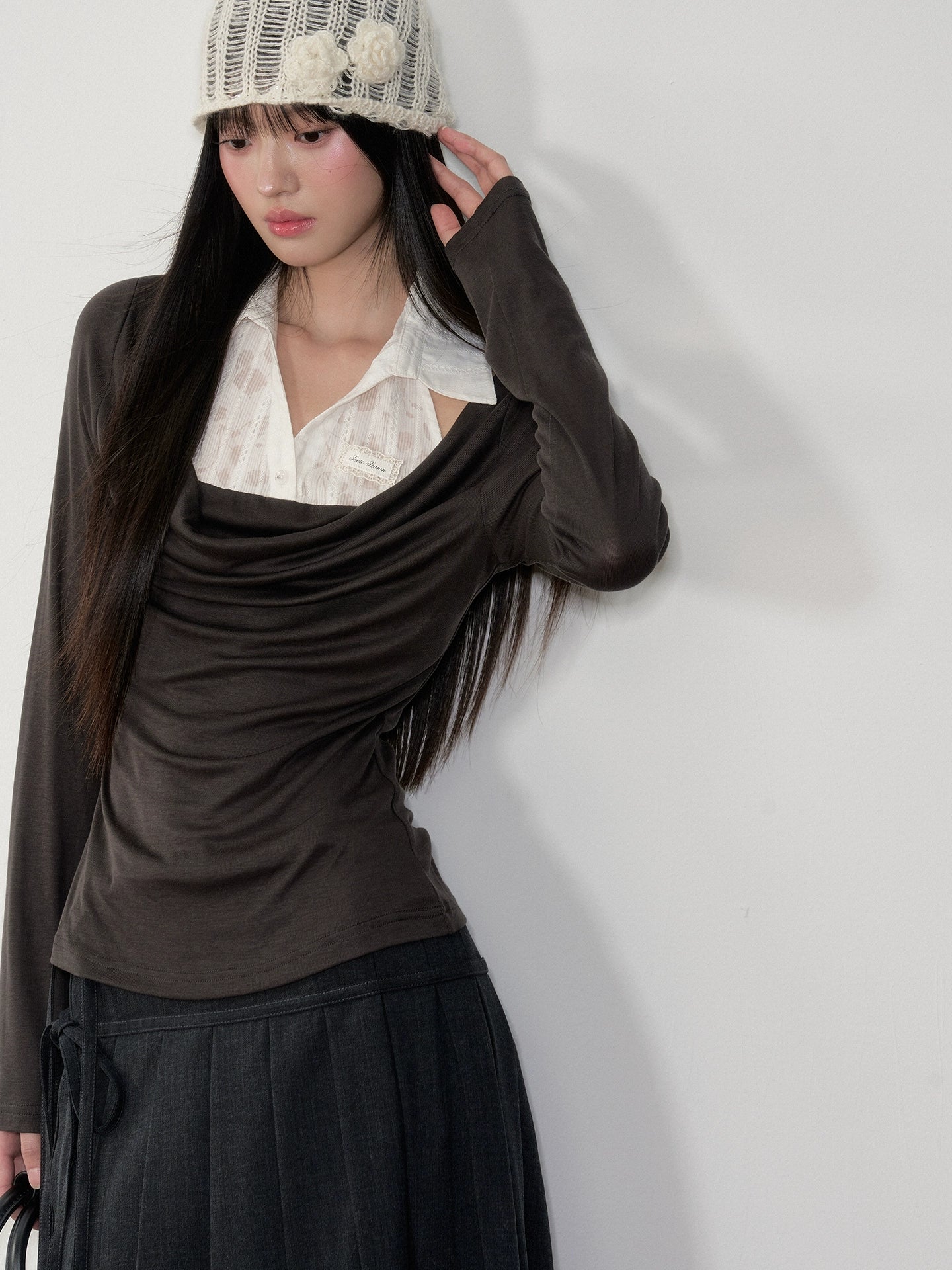 Fake Two-Piece Draped Neck Knit Top - CHINASQUAD
