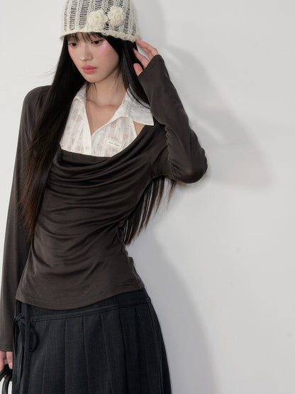 Fake Two-Piece Draped Neck Knit Top - CHINASQUAD