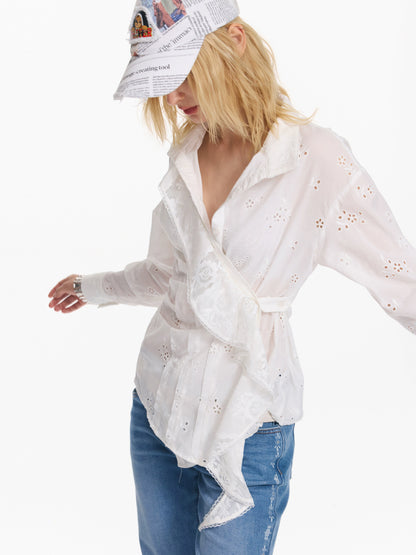 Embroidered Plaid Ruffle-Edge Shirt