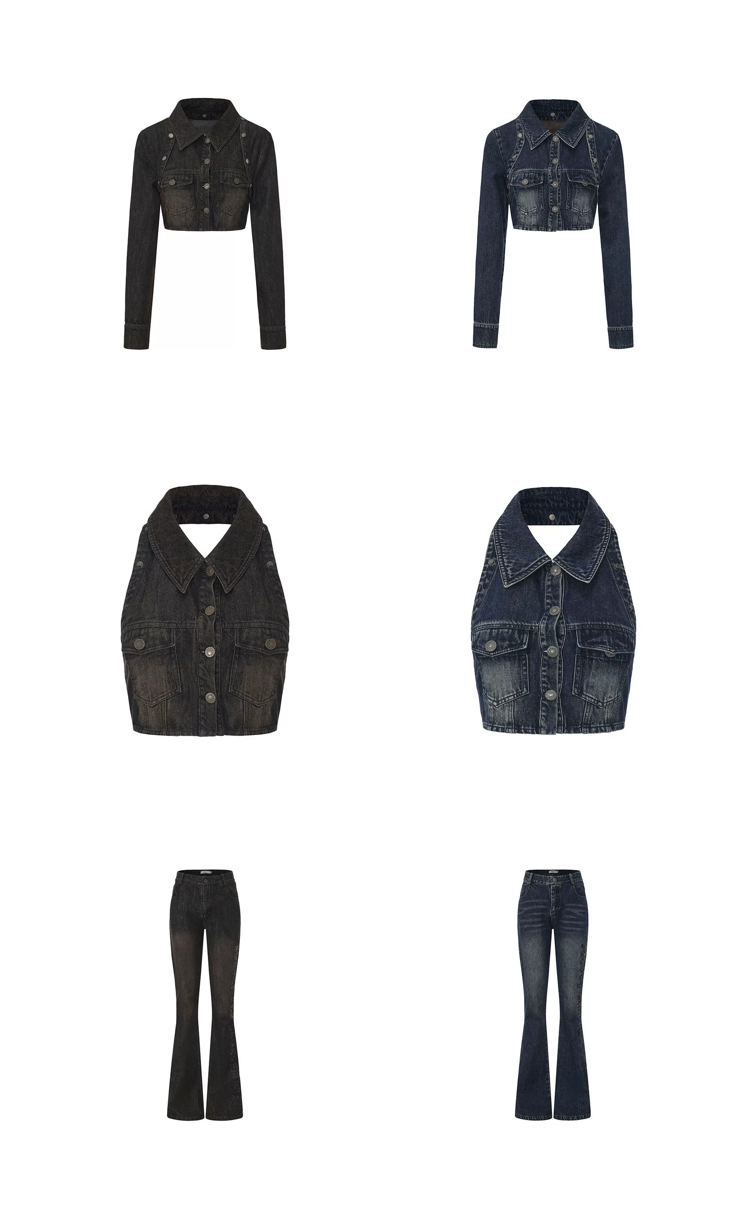 Y2K Washed Denim Cropped Set with Embroidered Patch Detail