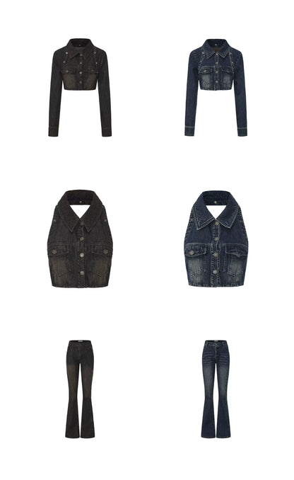 Y2K Washed Denim Cropped Set with Embroidered Patch Detail