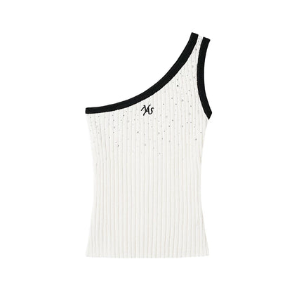 Asymmetric Rhinestone-Embellished Ribbed Tank Top