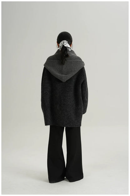 Knitted Hooded Scarf Mid-Length Wool Coat