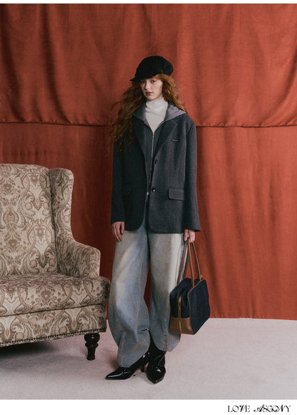 Grey Layered Wool-Blend Hoodie Blazer