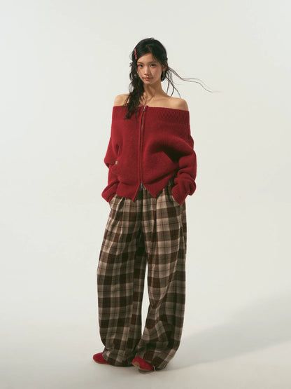 Relaxed Off-Shoulder Zip-Up Knit Cardigan