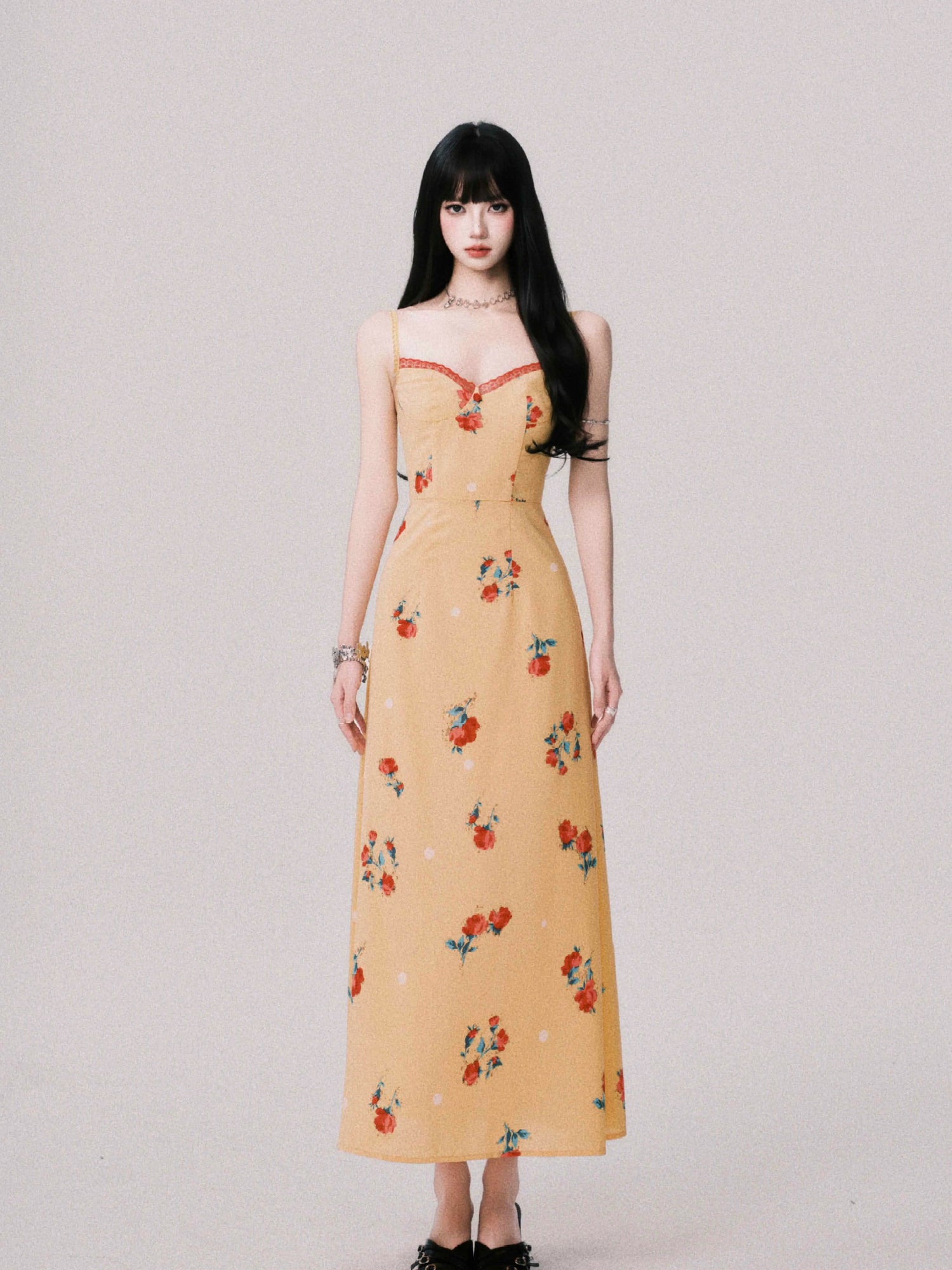 French V-Neck Floral Slip Maxi Dress Yellow / S