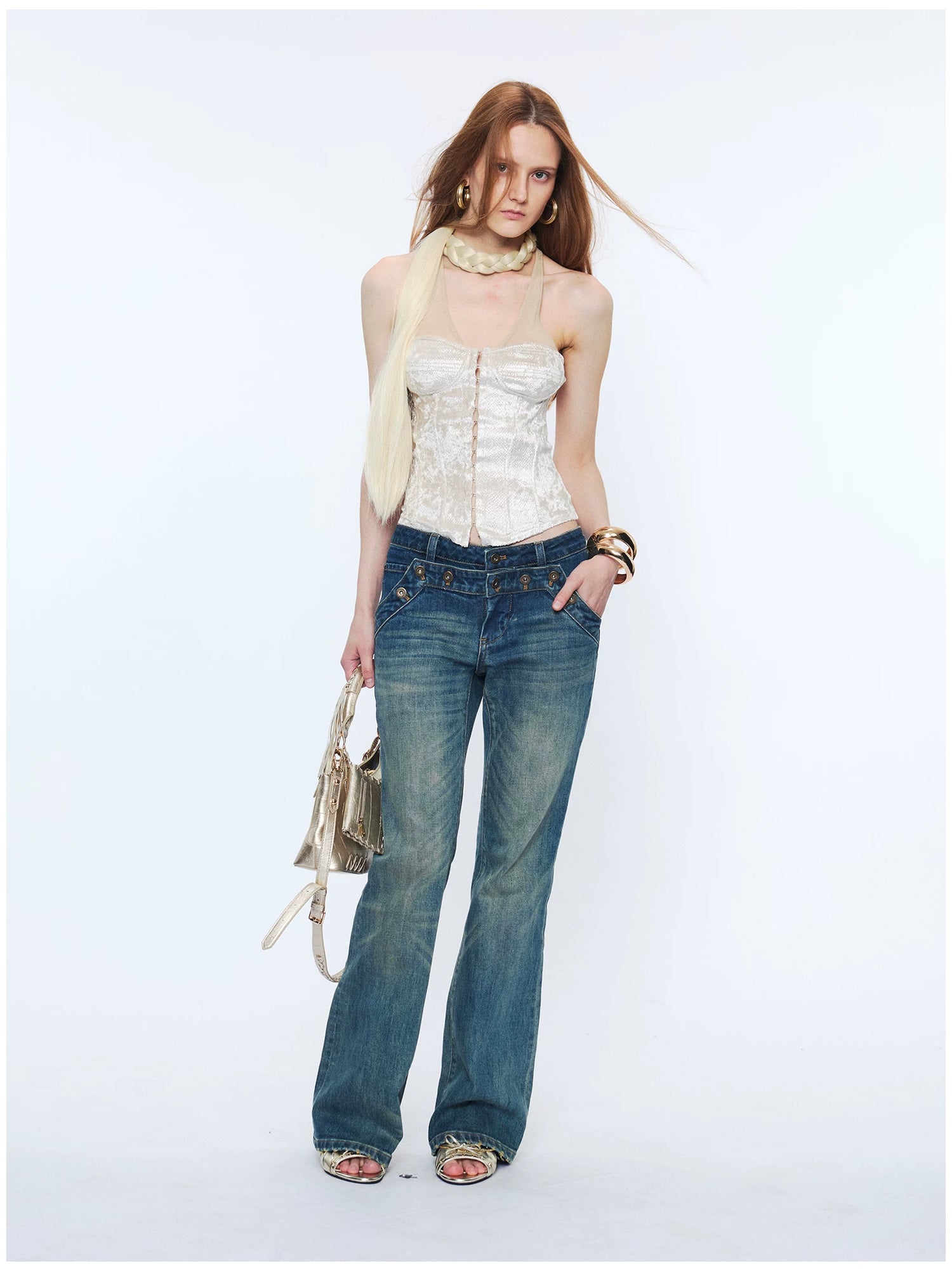 Plaid Mesh Panel Halter Corset