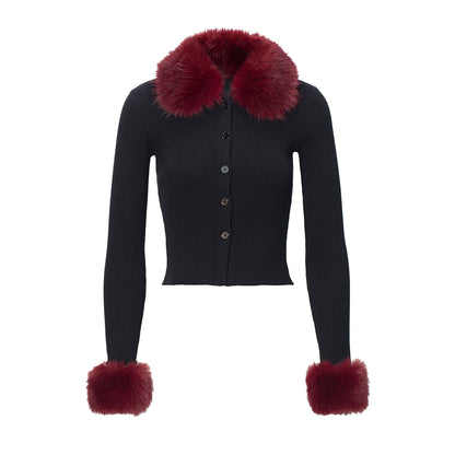 Fur-Collar Knit Cape &amp; Fuzzy Bodycon Skirt Set