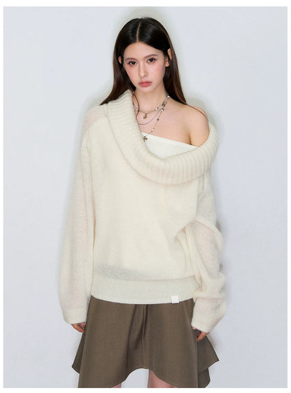 Relaxed Cowl-Neck Pullover Wool Knit Sweater