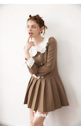 Khaki Doll Collar Pleated Dress - CHINASQUAD