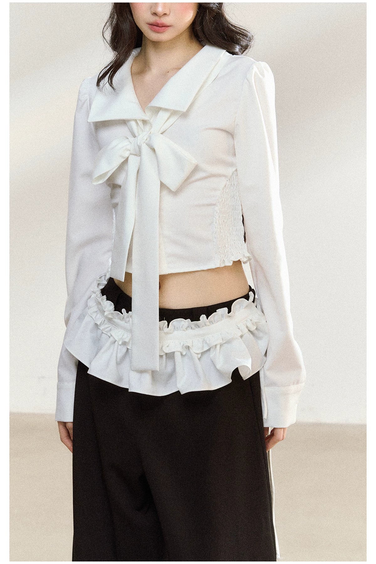 Butterfly Bow White Blouse &amp; Lace-Trim Straight Pants Set