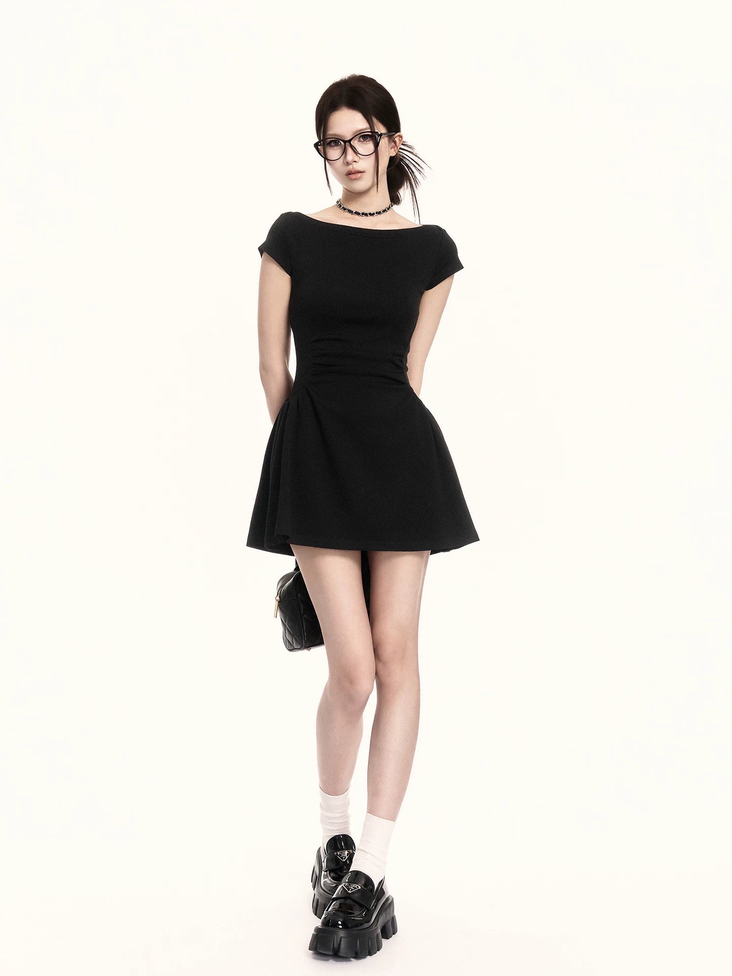 Sculpted Boat-Neck Waist-Defined Mini Dress