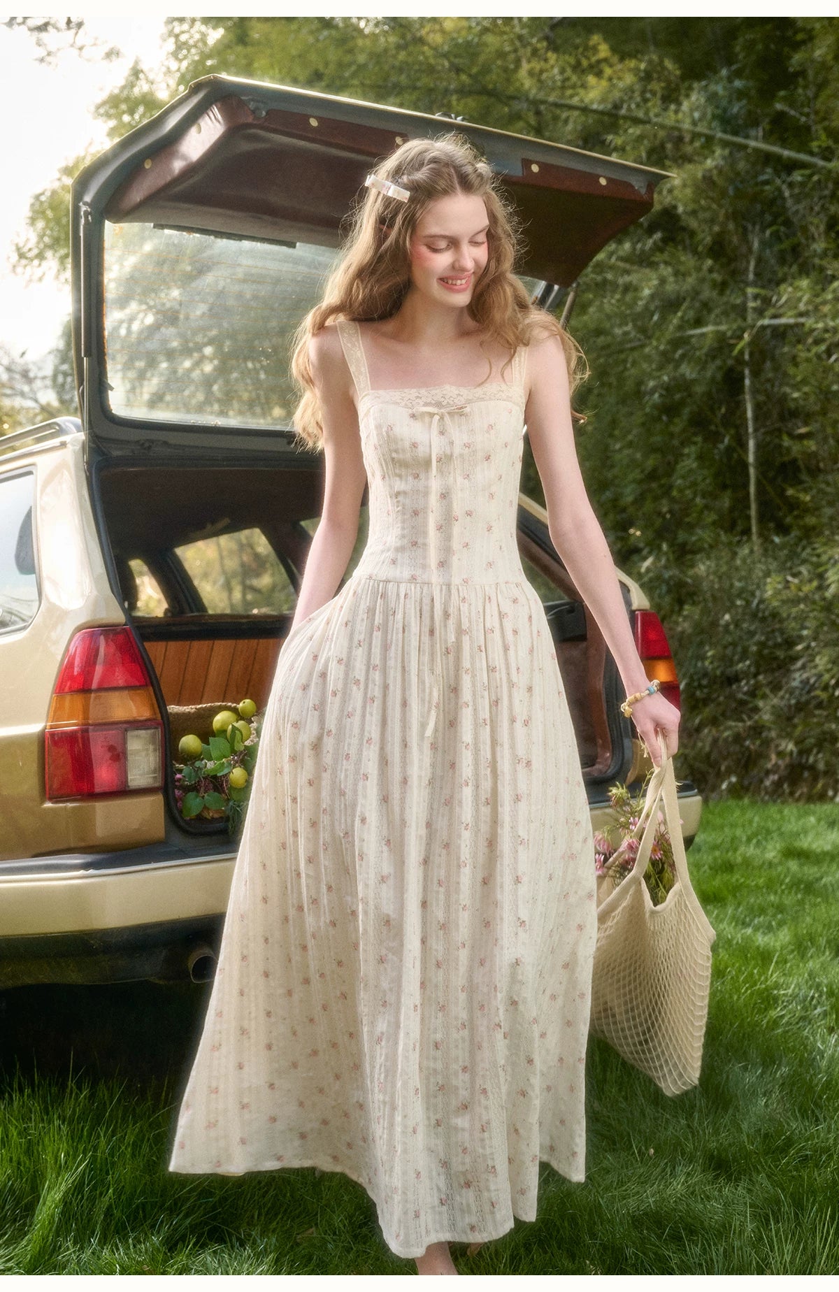 Vintage French Lace Cotton Floral Maxi Dress Beige(Pre-sale) / L