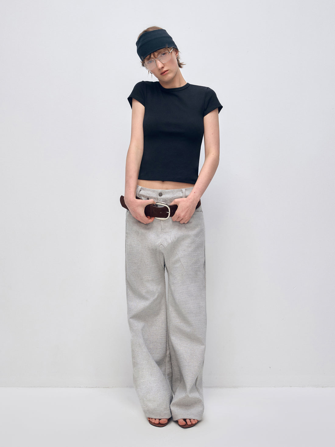 Gray Twill Low-Crotch Straight Leg Suit Pants