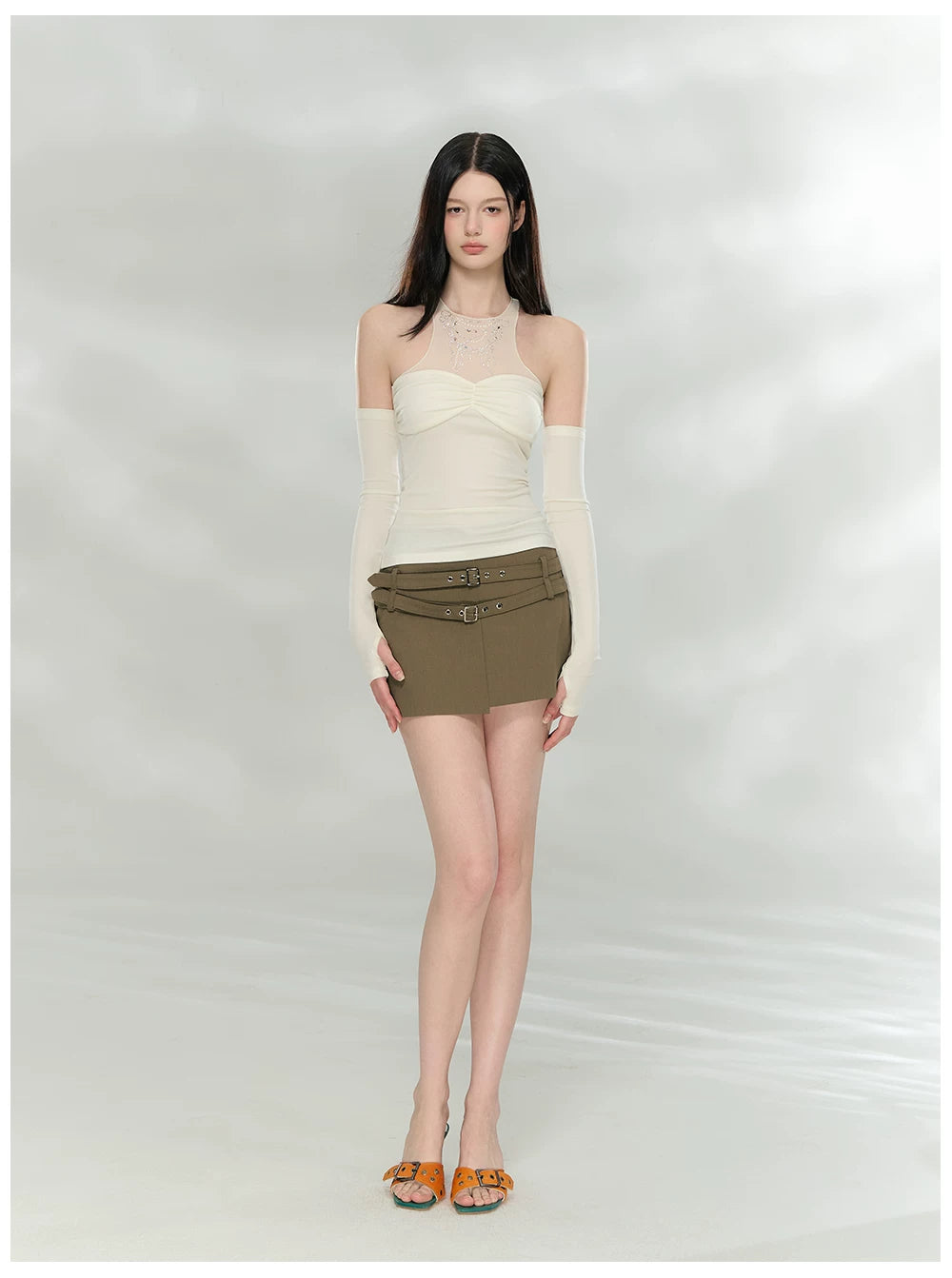 Detachable Mesh Panel Halter T-Shirt