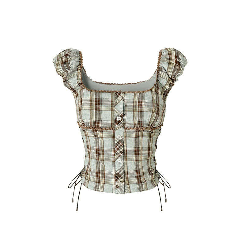 Brown Checkered Side-tie Square Neck T-shirt