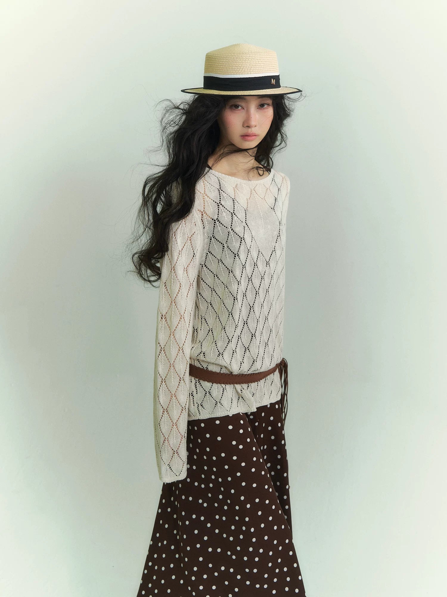 Openwork Diamond-Knit Washi Yarn Long-Sleeve Top
