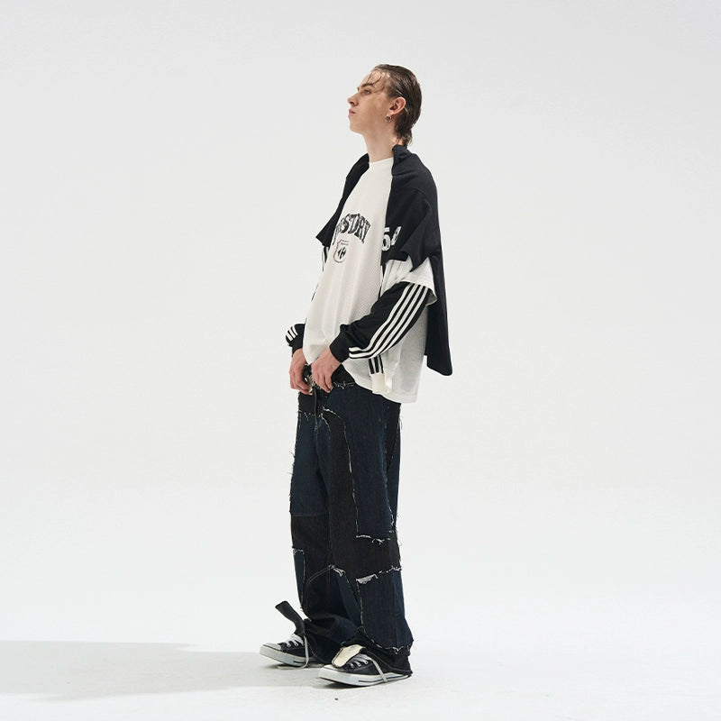 Faded Print Layered-Effect Patchwork Long Sleeve T-Shirt