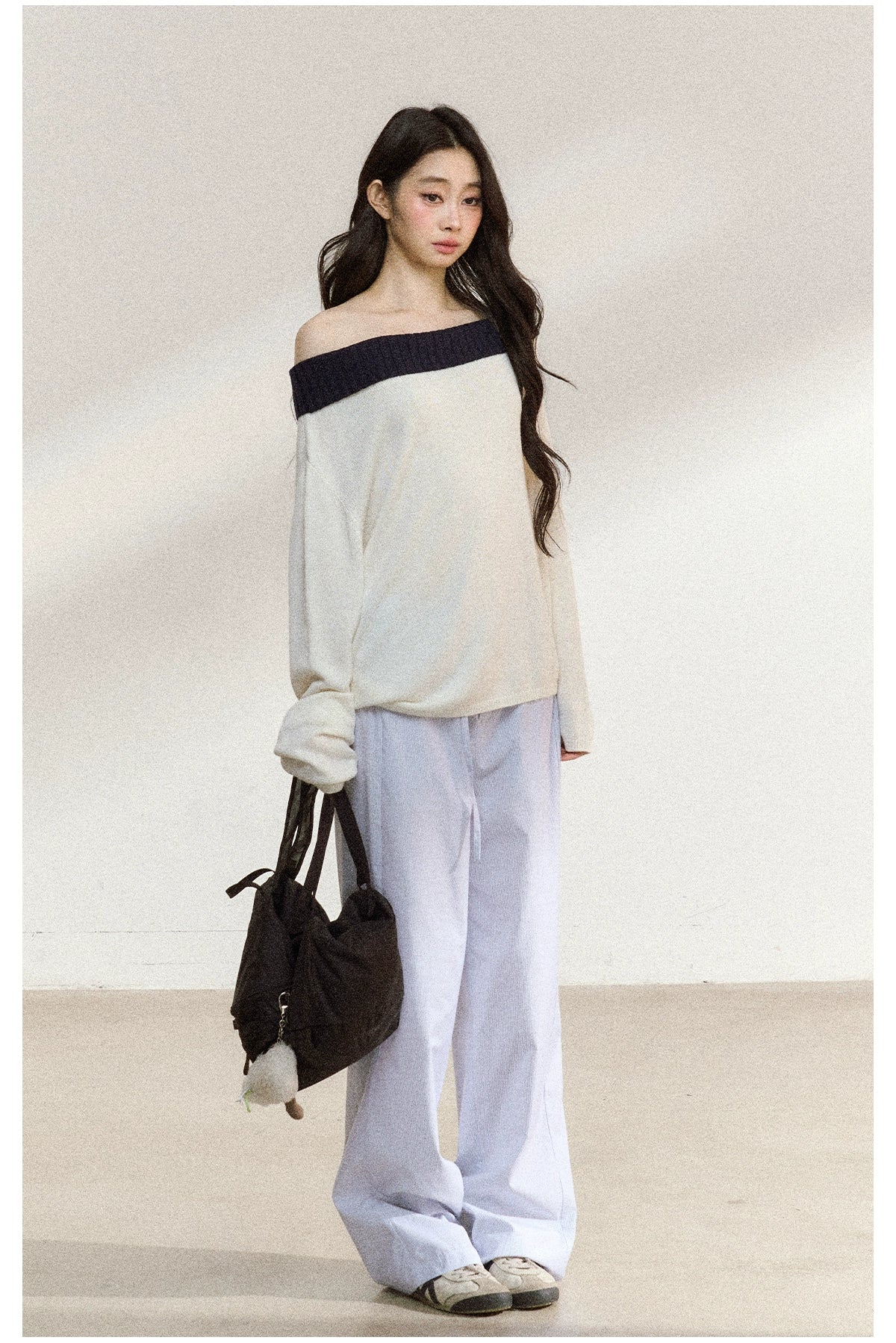 Two-Tone Asymmetric Off-Shoulder Knit Sweater