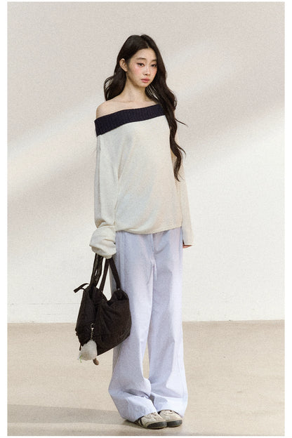 Two-Tone Asymmetric Off-Shoulder Knit Sweater