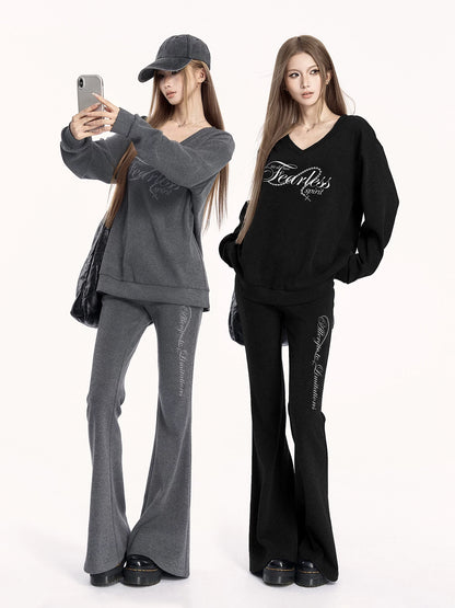 V-Neck Sweatshirt &amp; Flared Pants Set