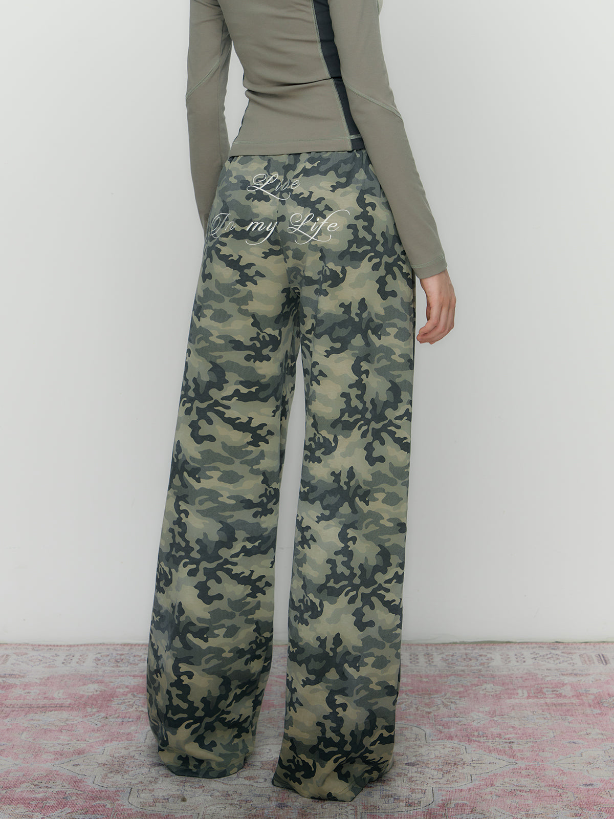 Camouflage Embroidered Loose Fit Wide Leg Pants