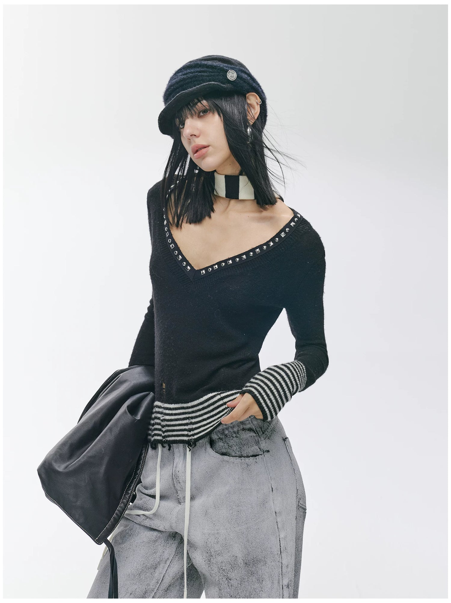 Striped Panel Slim-Fit Wool Knit Top