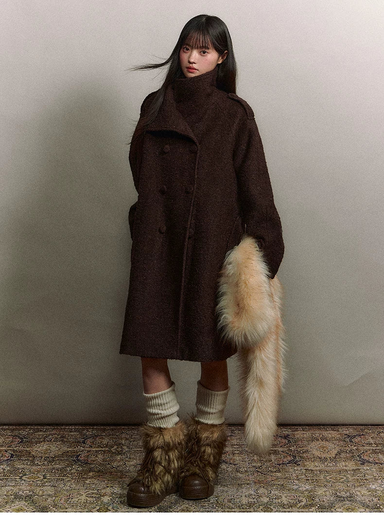 Stand-Collar Bouclé Wool Long Coat