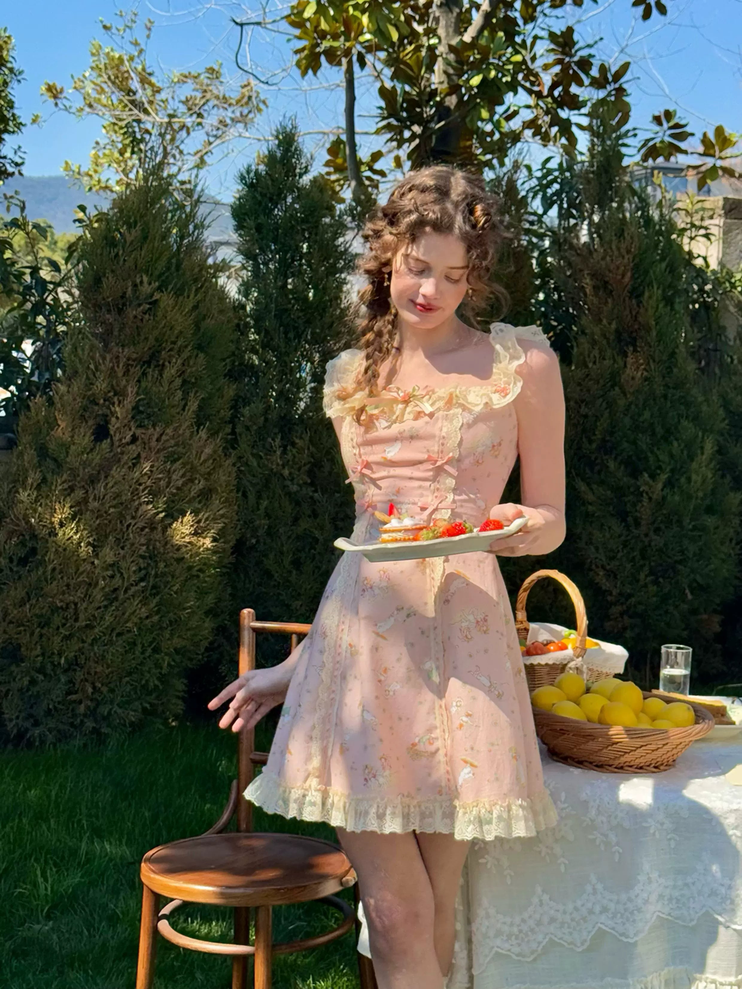 Vintage Pastoral Printed Lace Slip Dress