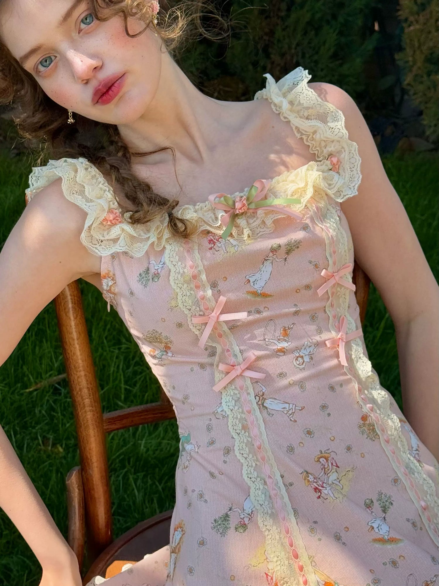 Vintage Pastoral Printed Lace Slip Dress