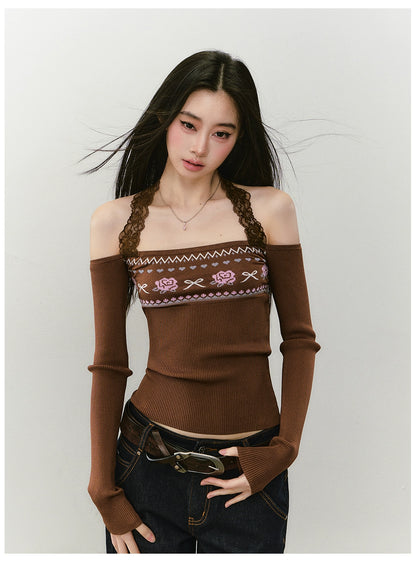Lace Halter Two-way One-shoulder Sweater - CHINASQUAD